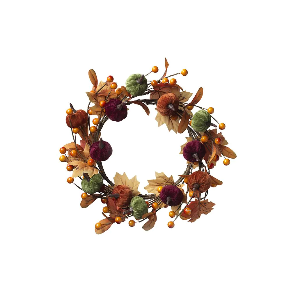 Velour Pumpkin Wreath   Autumn Night   30cm