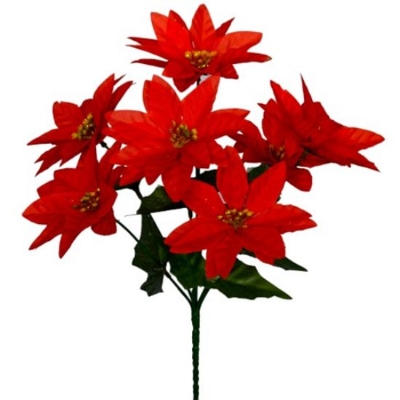 34cm POINSETTIA BUSH 7 HEADS RED GOLD